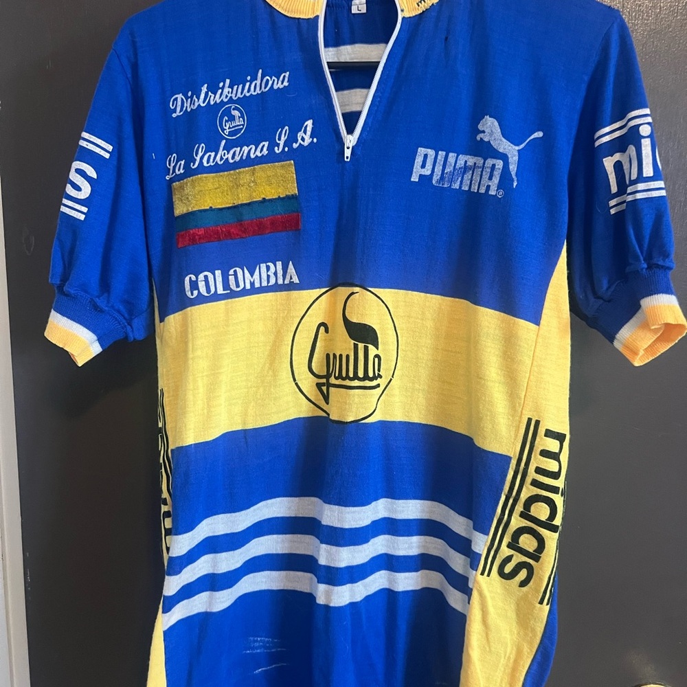 RARE Puma Columbia Men's Blue and Yellow Vintage Cycling Jersey
